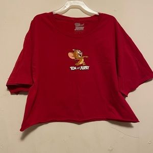 Tom and Jerry Graphic Red Oversized Cropped T-Shirt